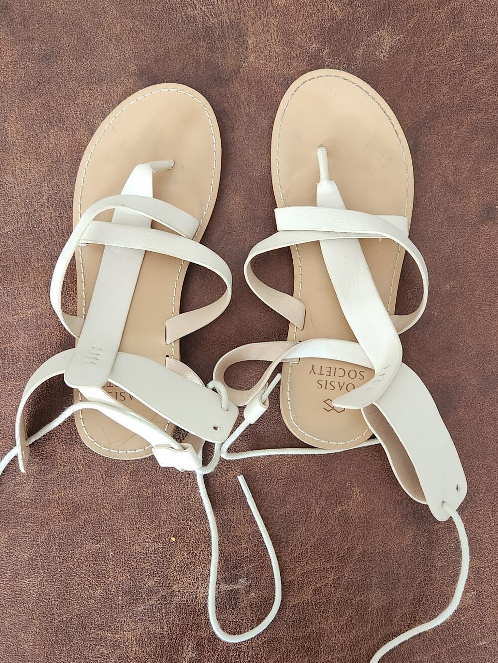 Oasis Society Cream Strappy Lace-Up Leather Sandals